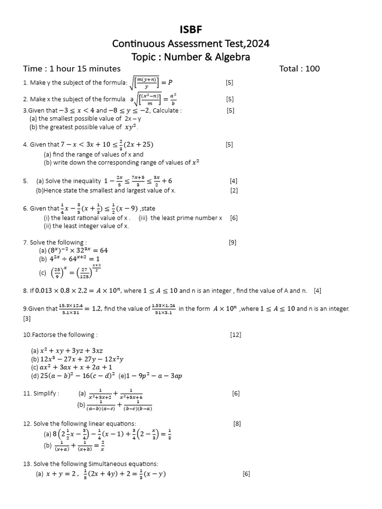 Number & Algebra Assessment 2024 | PDF | Mathematics
