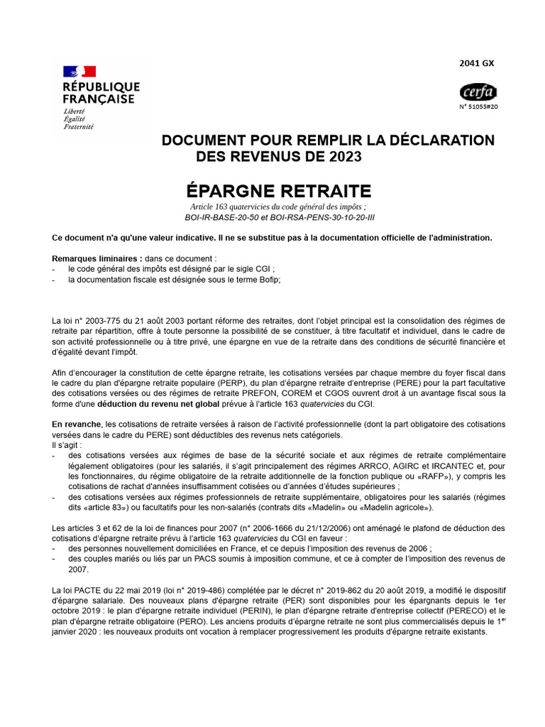 Déclaration des Revenus 2023 : Épargne Retraite | PDF | Impôt sur le ...