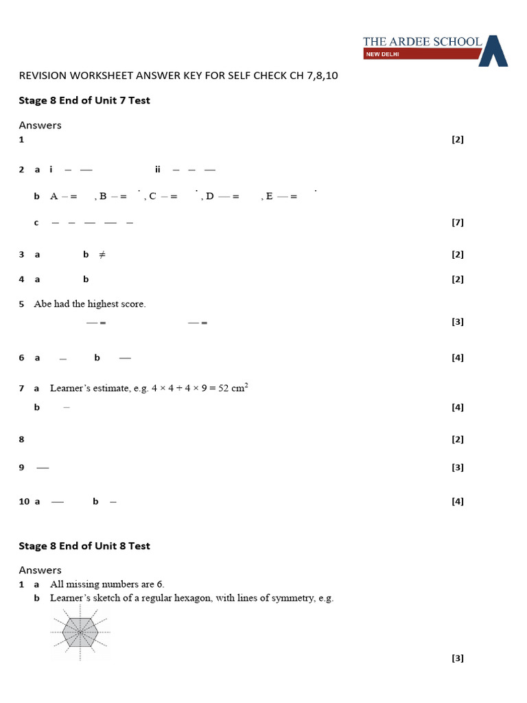 Revision Worksheet Answer Key: Chapters 7-10 | PDF