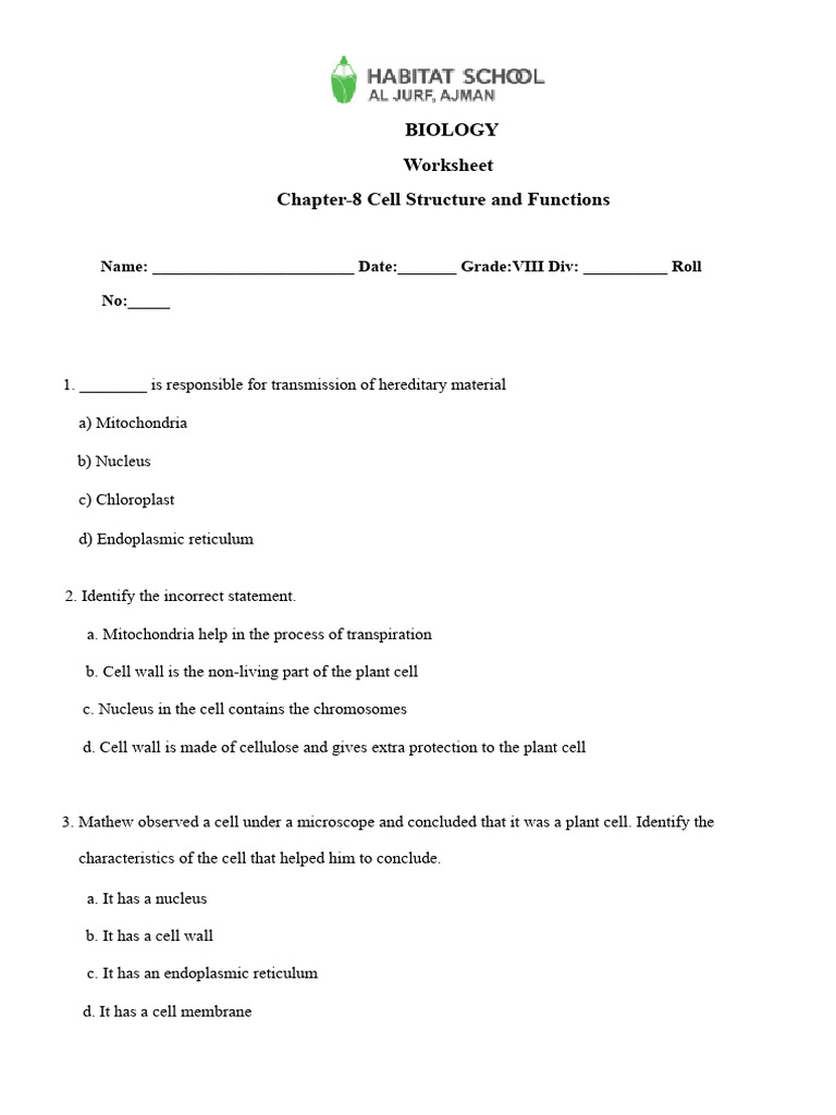 Grade 8-Cell Structure and Function - Worksheet | PDF | Cell (Biology ...