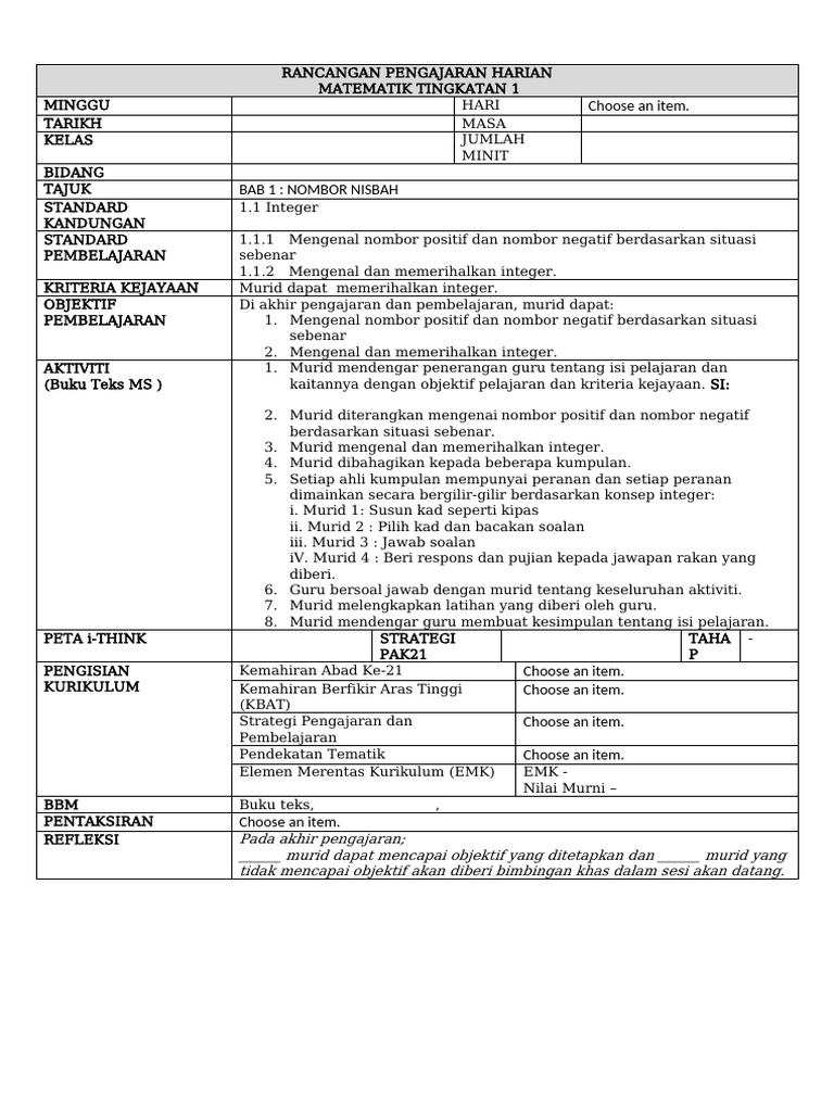 RPH Matematik Tingkatan 1: Integer | PDF