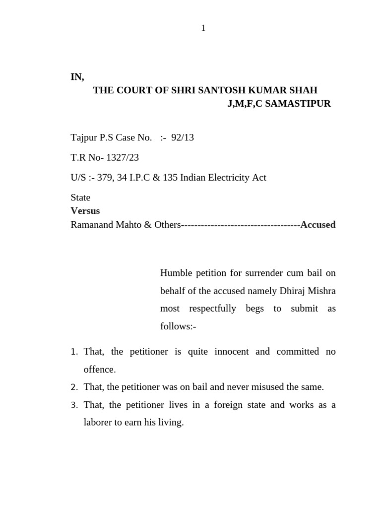 Surrender Petition for Bail Application | PDF
