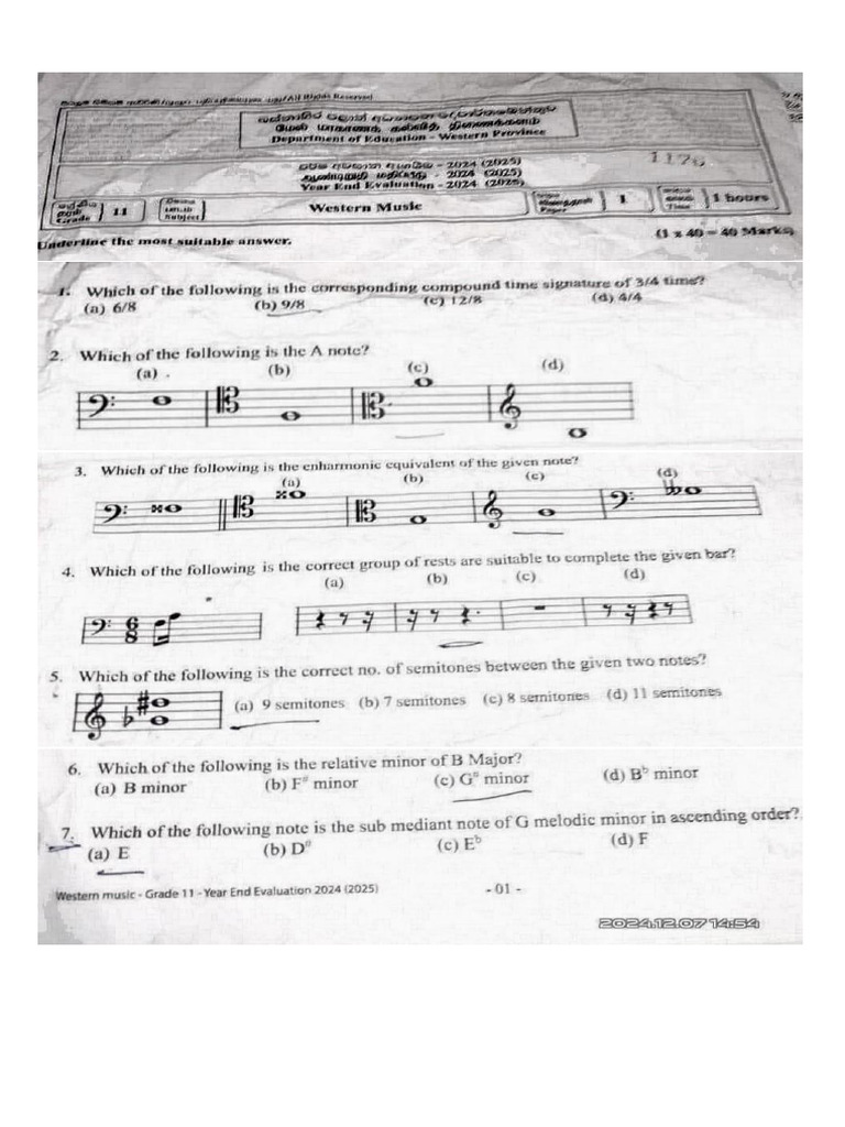 Western Music 2024 3rd Term Test Western Province | PDF