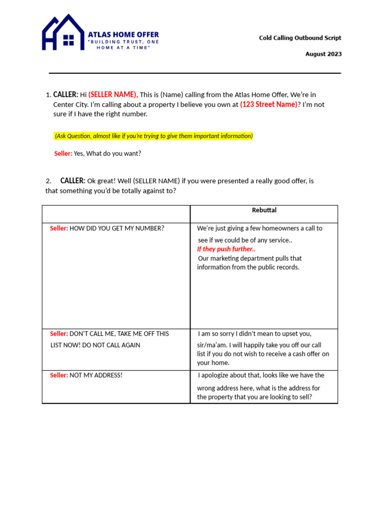 Cold Calling Script for Home Sellers | PDF