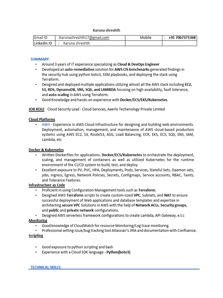 Cloud & DevOps Engineer Resume | PDF | Amazon Web Services | Cloud ...