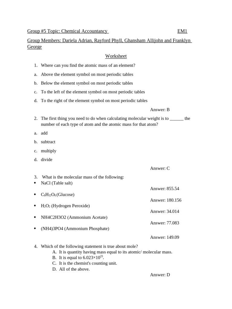 Group 5 Worksheet Answer Sheet | PDF | Periodic Table | Chlorine