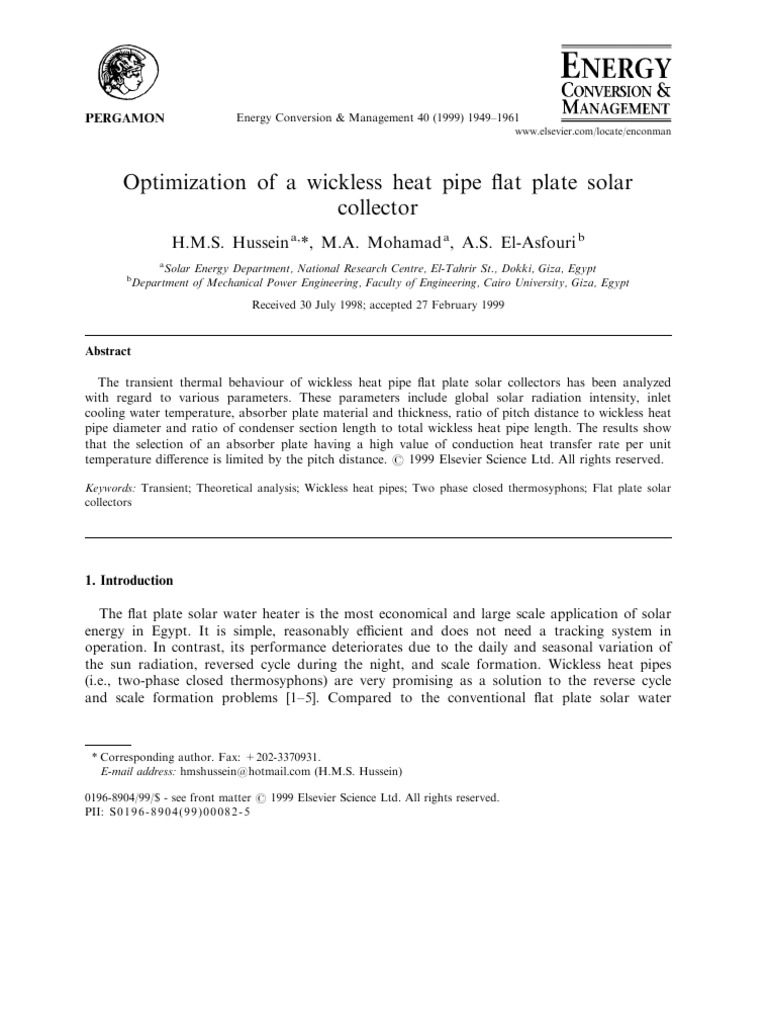 1999 Optimization of A Wickless Heat Pipe Flat Plate Solar Collector ...
