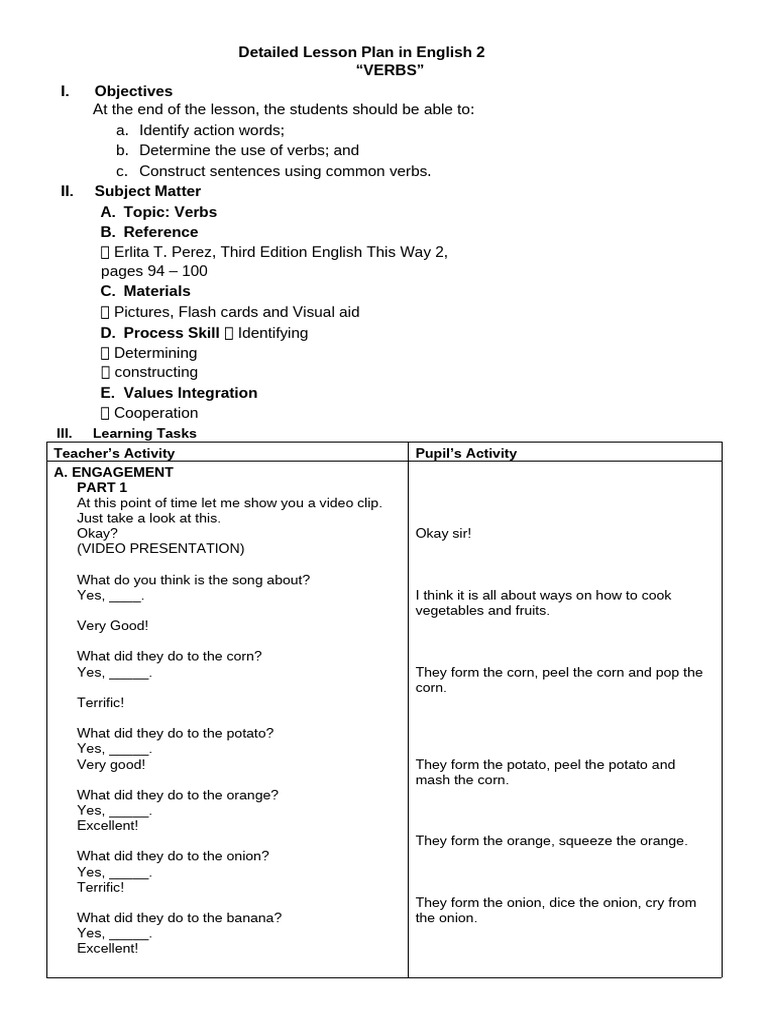 Lesson Plan on Verbs for English 2 | PDF | Verb