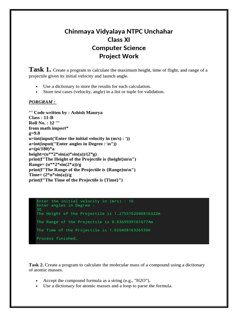Task 1.: Chinmaya Vidyalaya NTPC Unchahar Class XI Computer Science ...