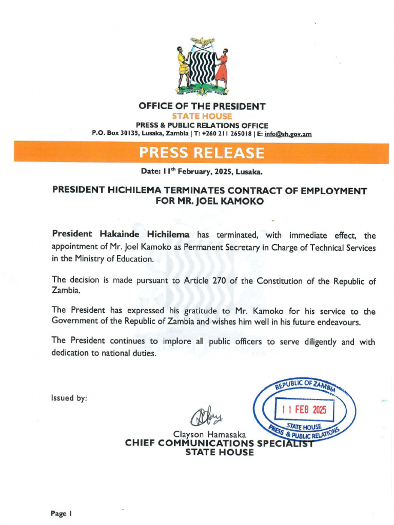 President Hichilema Terminates Contract of Employment For Mr. Joel ...