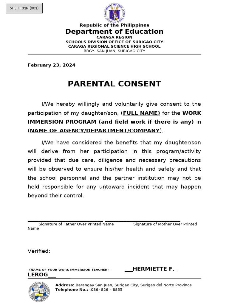 Parental Consent for Work Immersion Program | PDF