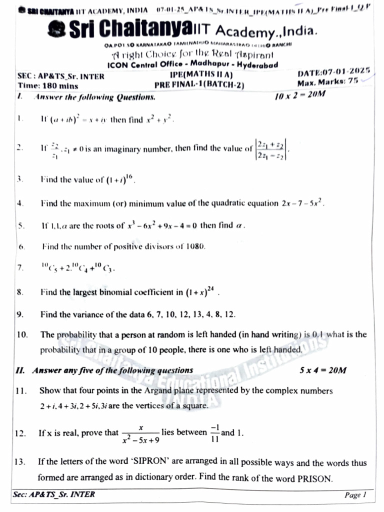 07.01.2025 Maths 2A Pre Final Paper | PDF