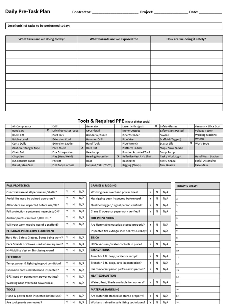 Daily Pre-Task Plan | PDF | Personal Protective Equipment ...