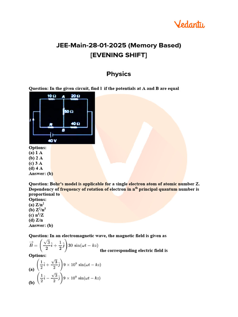 JEE Main 2025 Physics Evening Q&A | PDF | Light | Electron