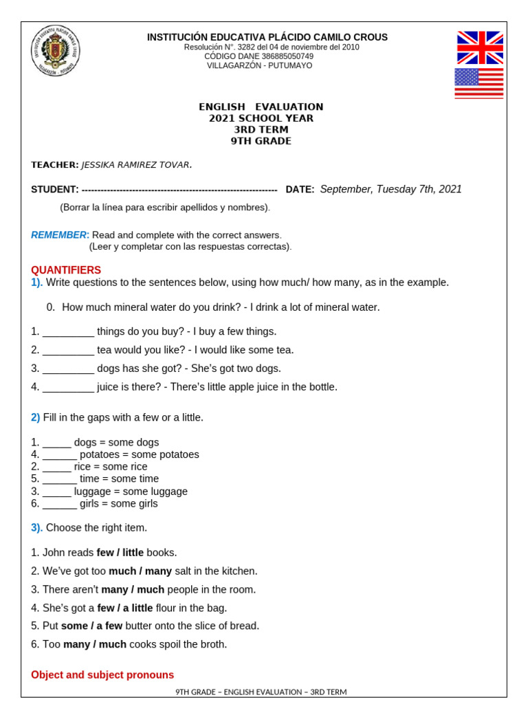 9th Grade English Test 3rd Term | PDF | Linguistic Typology | Grammar