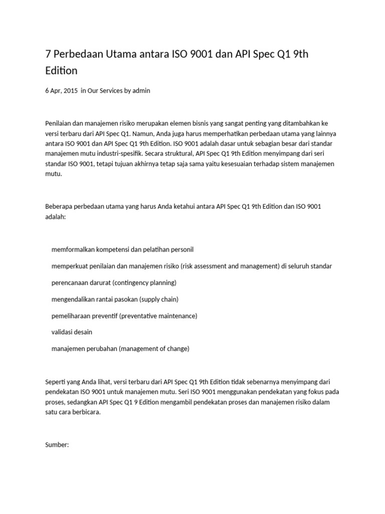 Perbandingan ISO 9001 dan API Spec Q1 | PDF