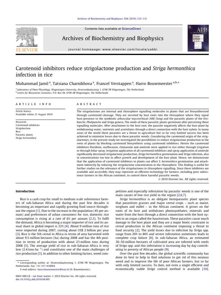 Carotenoid Inhibitors Reduce Strigolactone Production and Striga ...