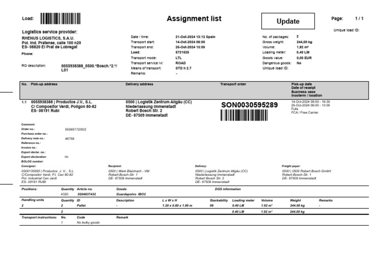 Transport Assignment Details for Bosch | PDF | Logistics | Supply Chain ...
