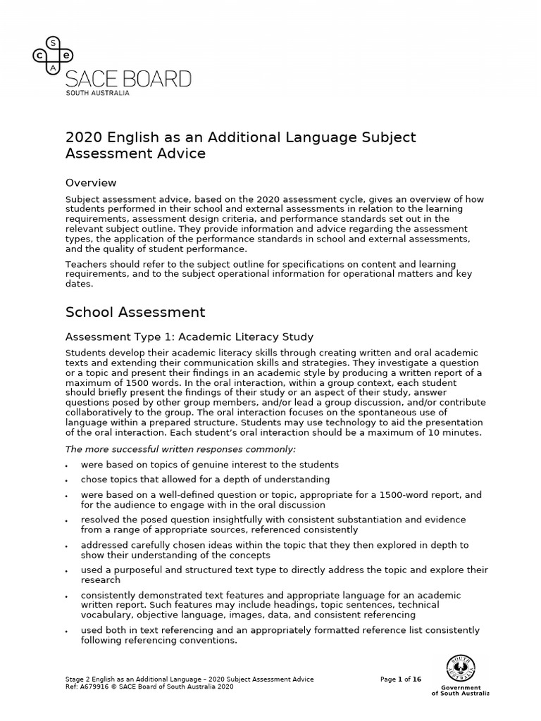 2020 English As An Additional Language Subject Assessment Advice | PDF ...