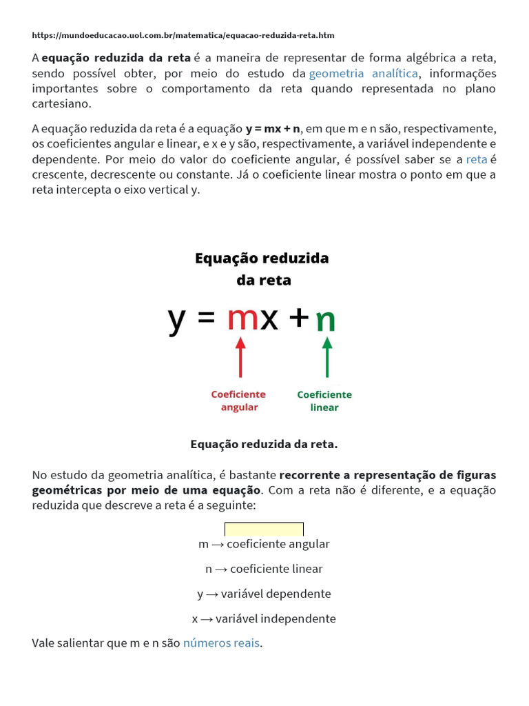 Equação Reduzida da Reta: Conceitos e Cálculos | PDF | Equações | Linha ...