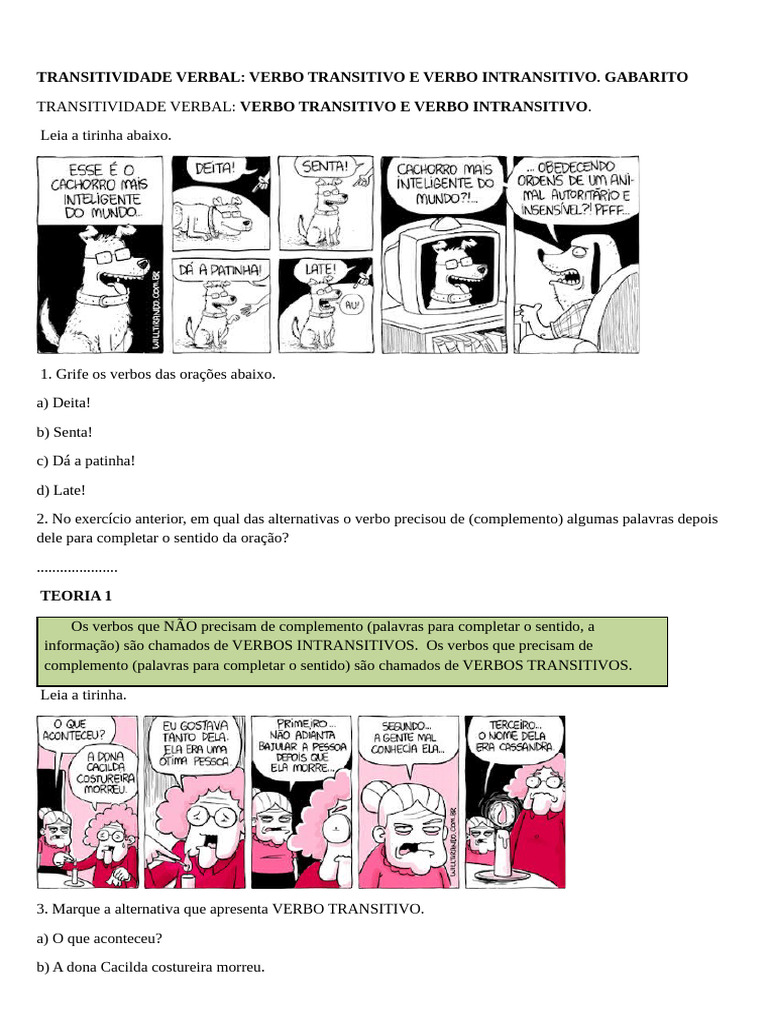 Atividades de Transitividade Verbal 8º Ano | PDF | Predicado (gramática ...