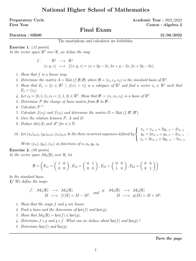 Algebra 2 Final Exam 2021/2022 | PDF | Basis (Linear Algebra) | Vector ...