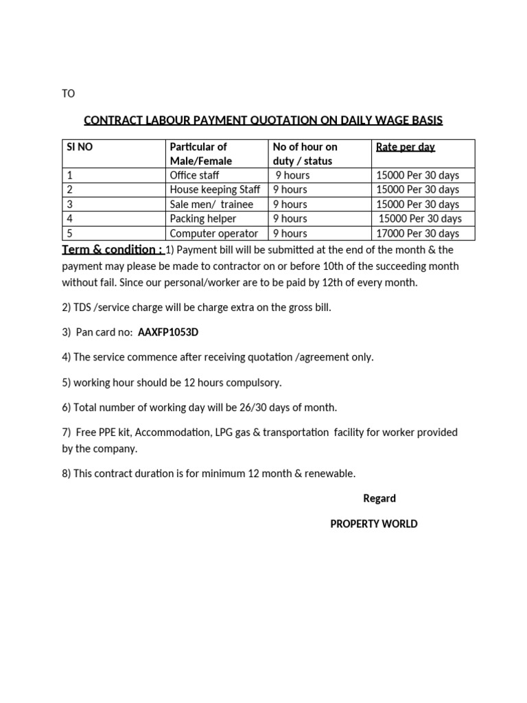 Contract Labour Payment Quotation | PDF