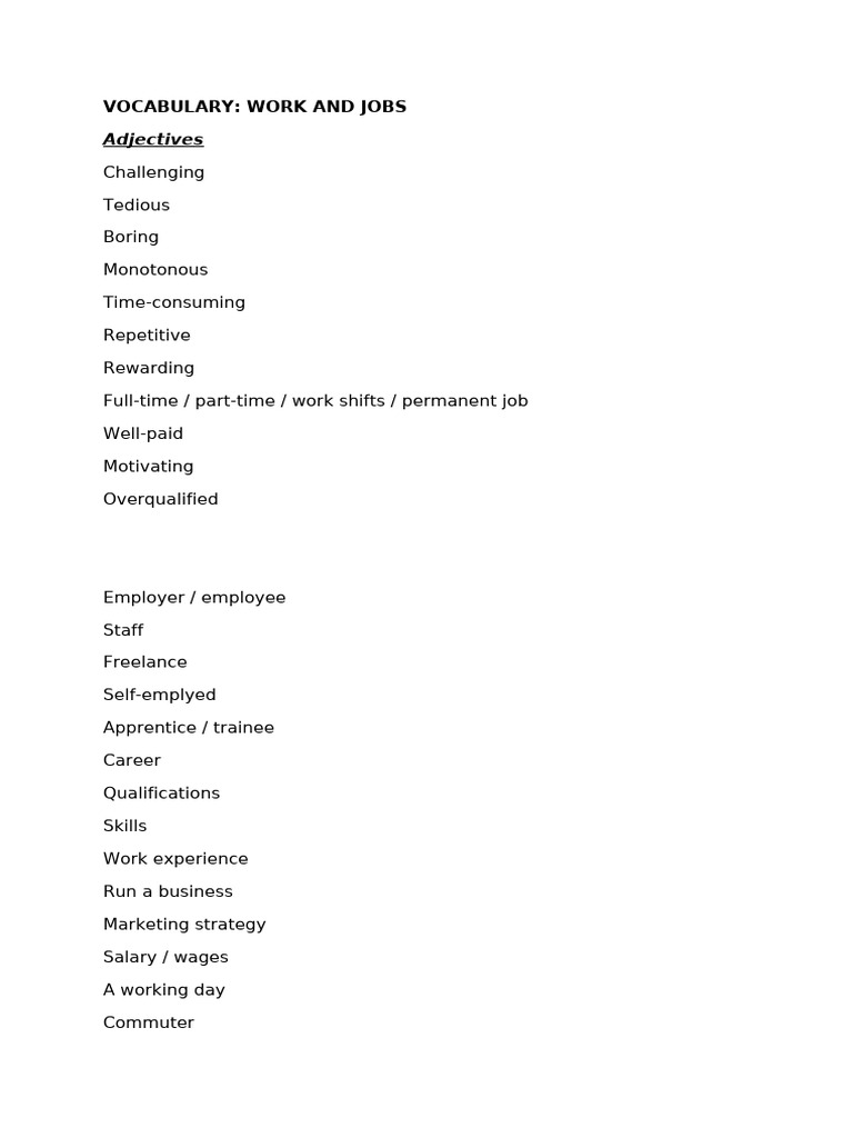 Vocabulary for Work and Jobs | PDF