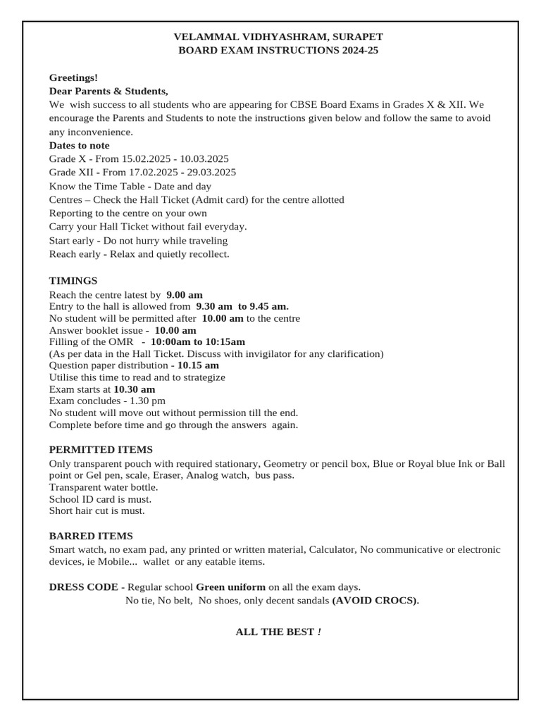 Board Exam Instructions 2024-25 | PDF