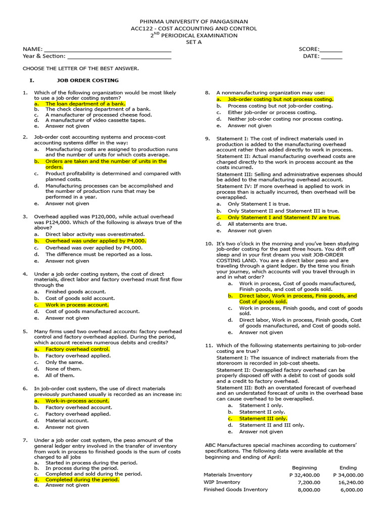 Cost Accounting Periodical Exam Set A | PDF | Cost Of Goods Sold ...