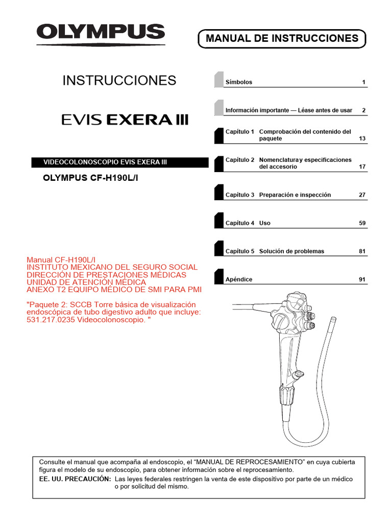 Manual de Instrucciones Videocolonoscopio CF-H190L/I | PDF | Endoscopia ...