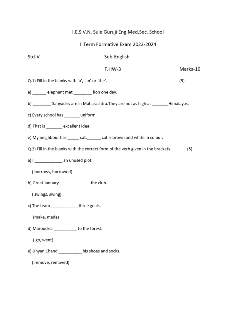 FHW Exam Paper Solutions for Std-V | PDF