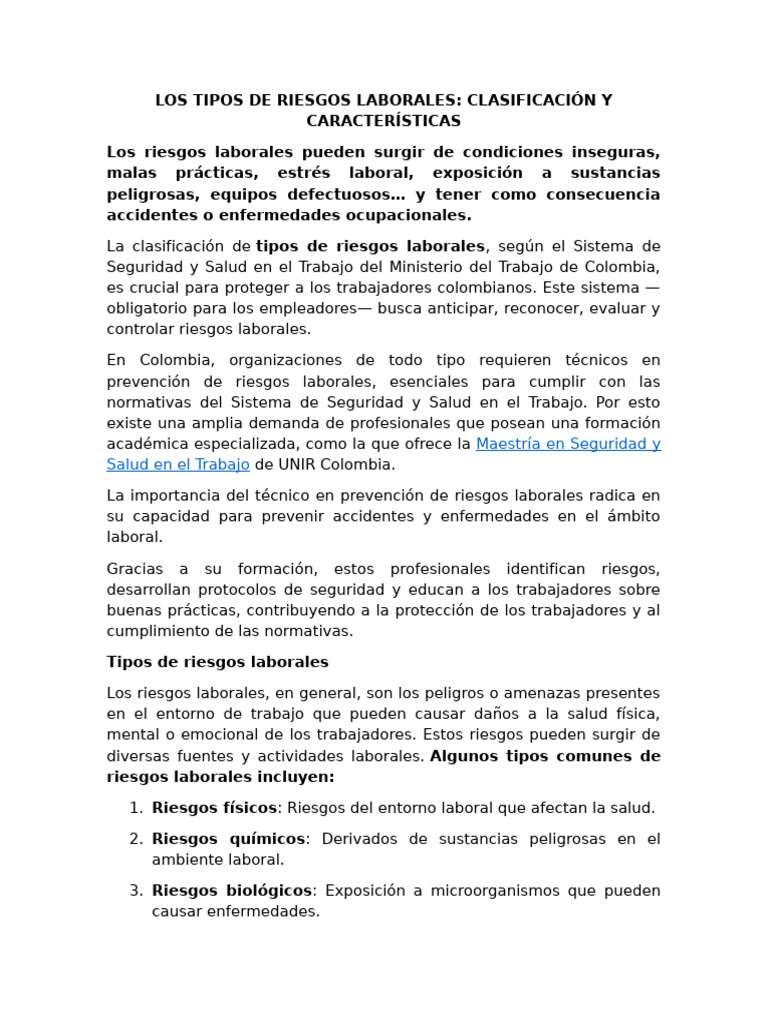 Clasificación de Riesgos Laborales en Colombia | PDF | Seguridad y ...