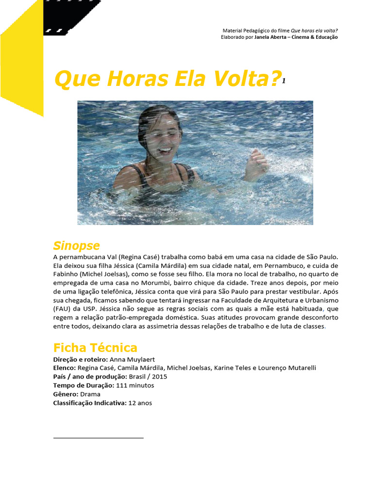 Material Pedagógico: Que Horas Ela Volta? | PDF