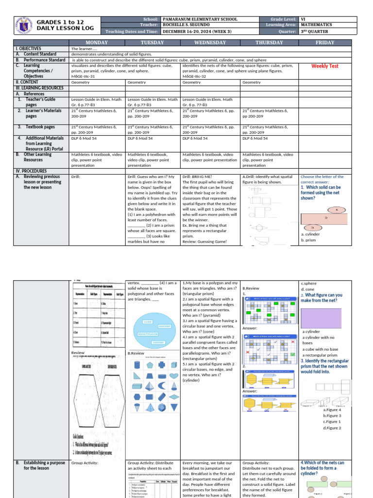 DLL - Mathematics 6 - Q3 - W3 | PDF | Polytopes | Euclidean Geometry