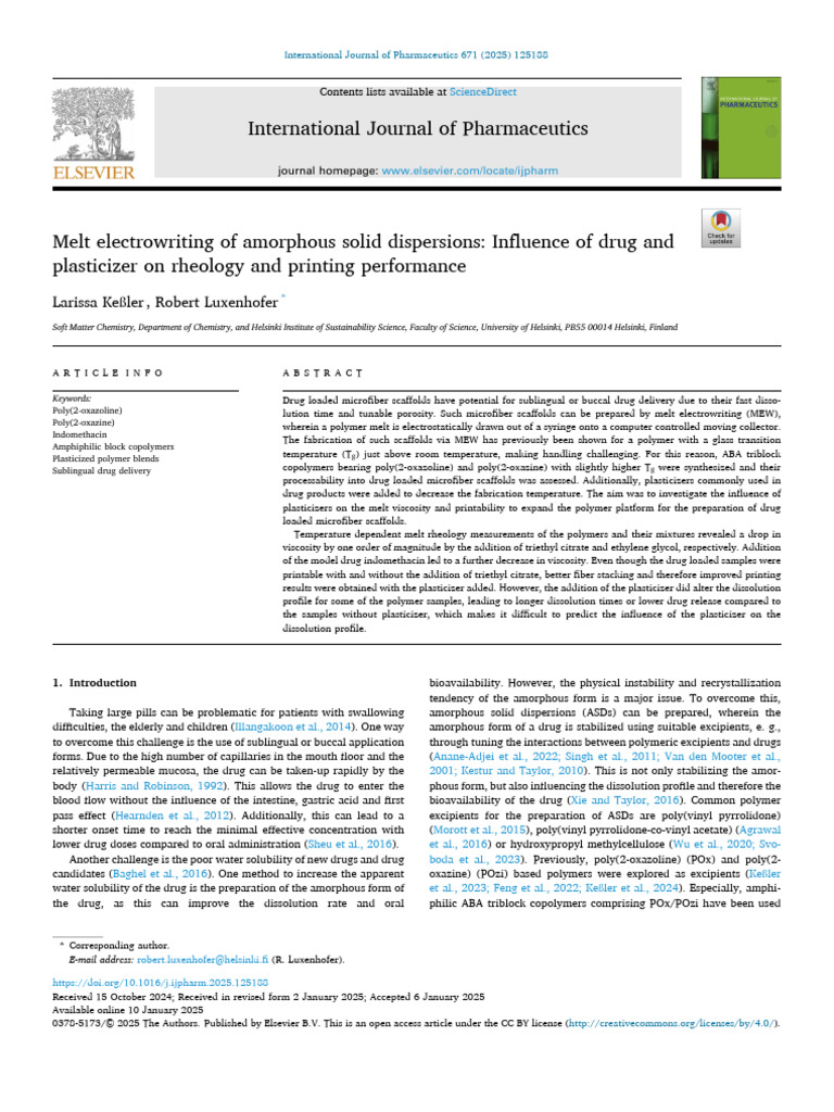 Melt Electrowriting of Amorphous Solid Dispersions in - 2025 ...