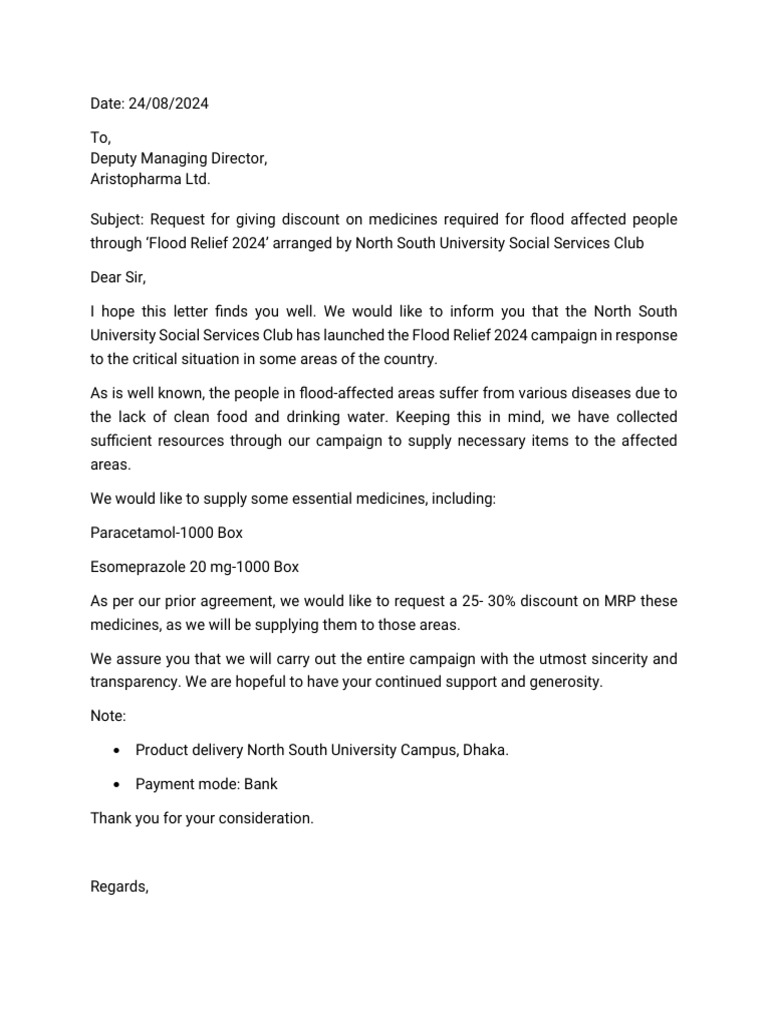 Request for Medicine Discount for Flood Relief | PDF