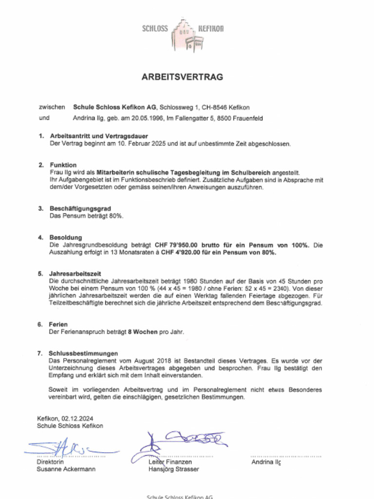 Arbeitsvertrag Funktionsbeschrieb Andrina.I | PDF