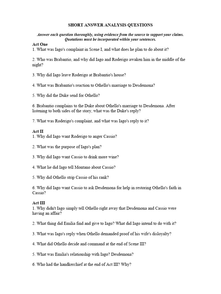 Othello Study Guide: Key Questions | PDF | Iago | Othello