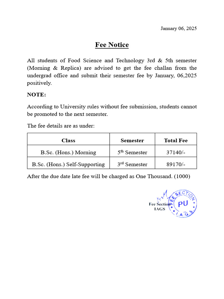 Fee Submission Deadline for Students | PDF