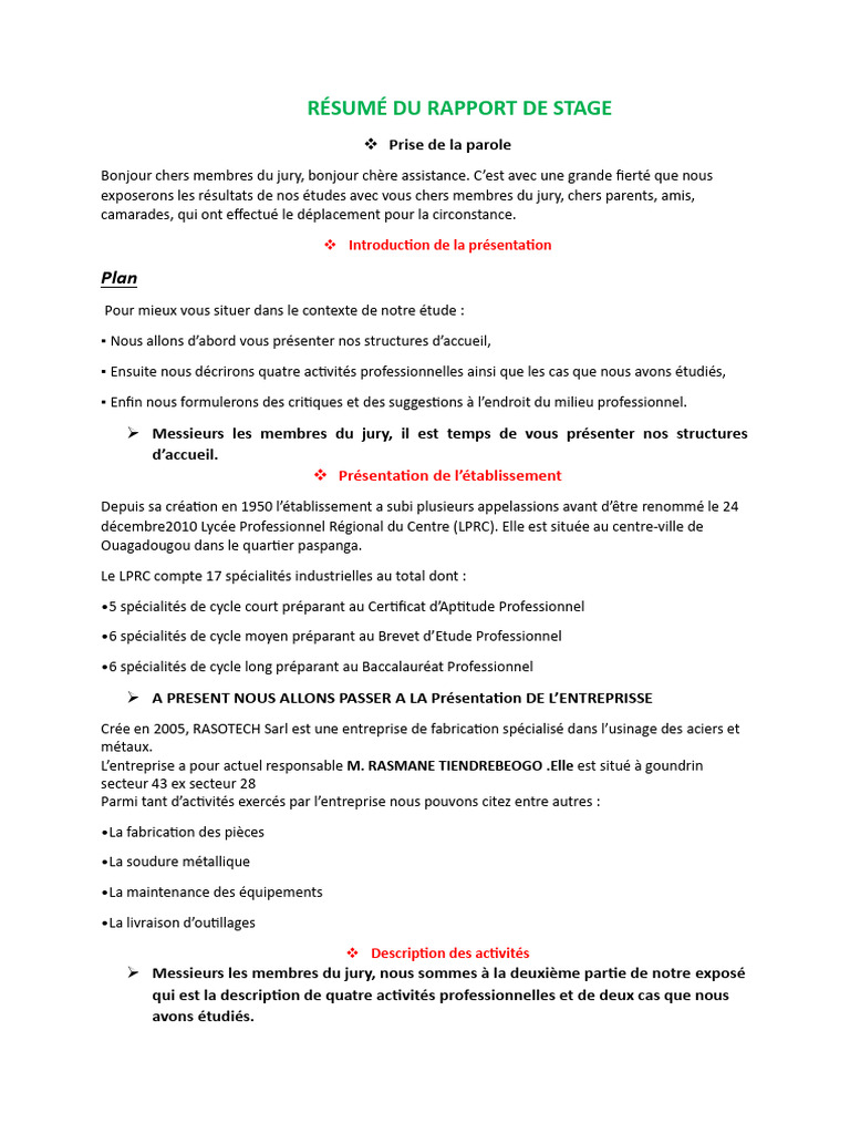 Résumé du rapport de stage à RASOTECH | PDF | Secteur secondaire de l ...