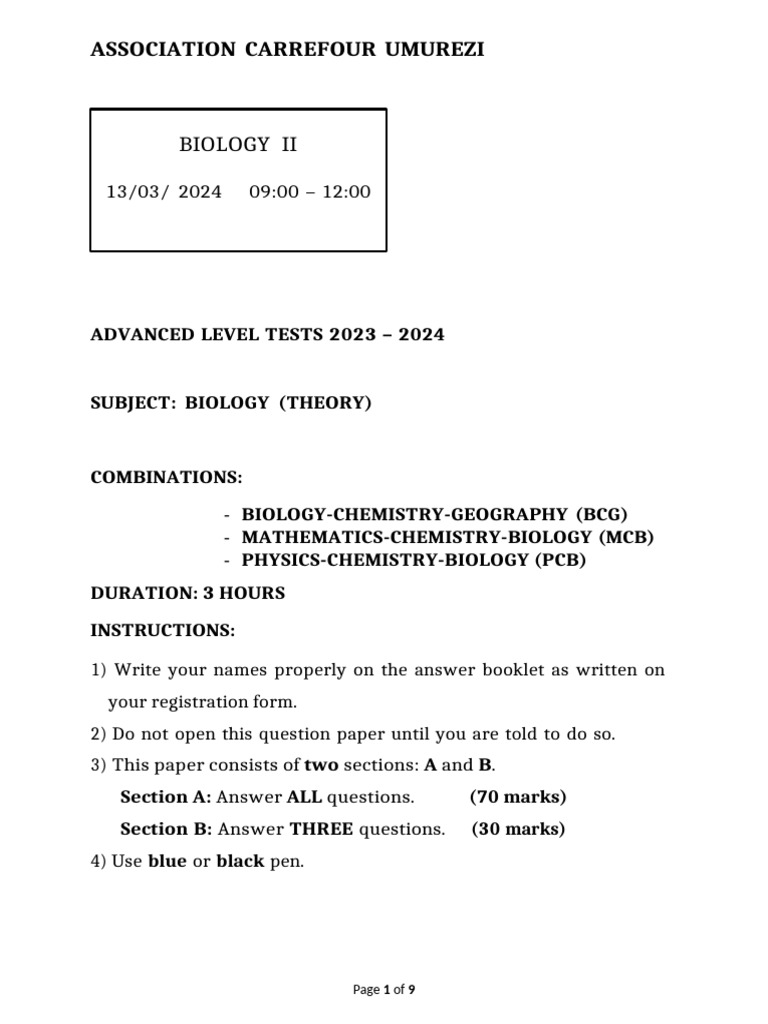Biology Advanced Level Test 2024 | PDF | Cellular Respiration | Cell ...