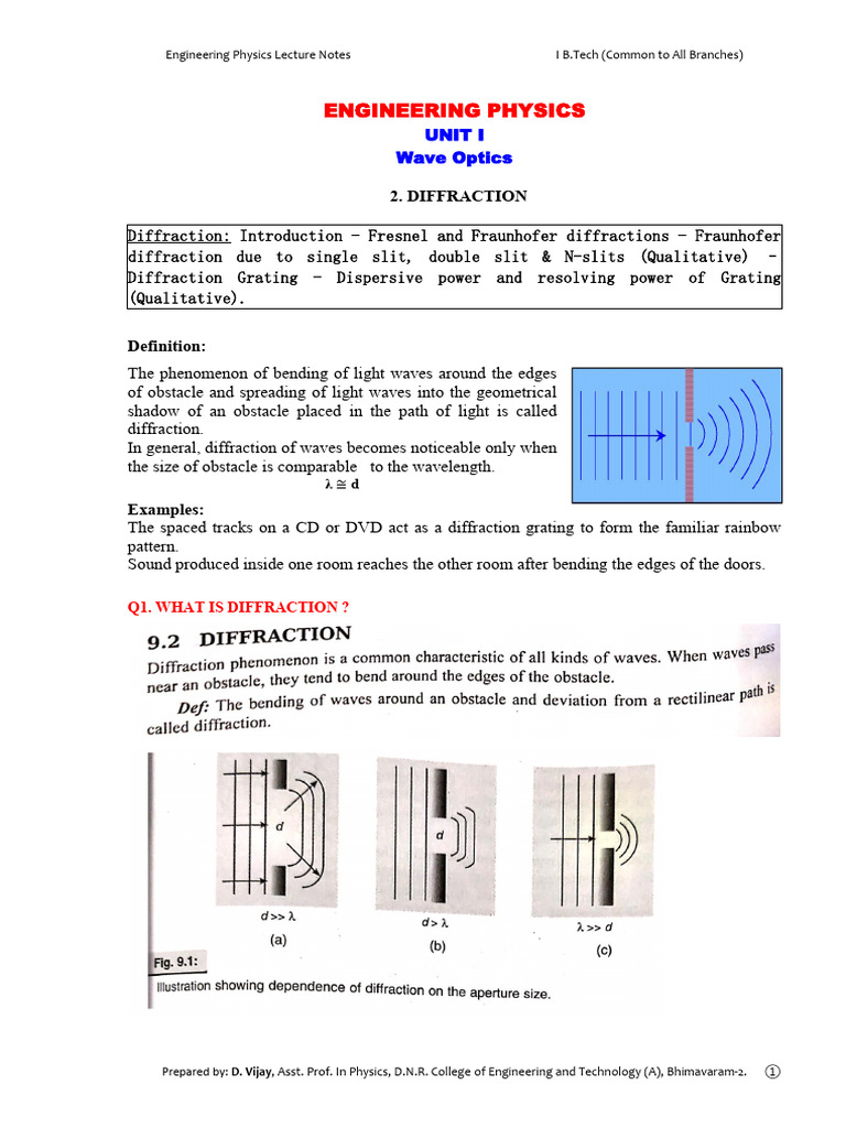 EP UNIT-I B - Diffraction | PDF | Diffraction | Angular Resolution