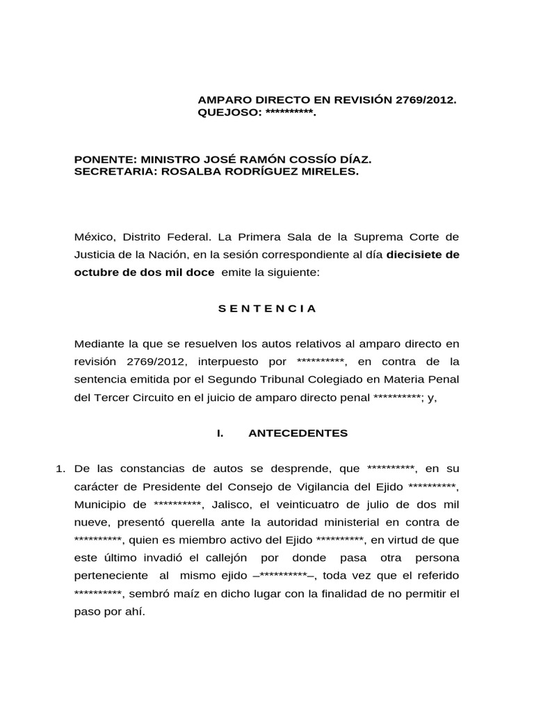 Amparo Directo en Revisión 2769/2012. QUEJOSO | PDF | Caso de ley ...