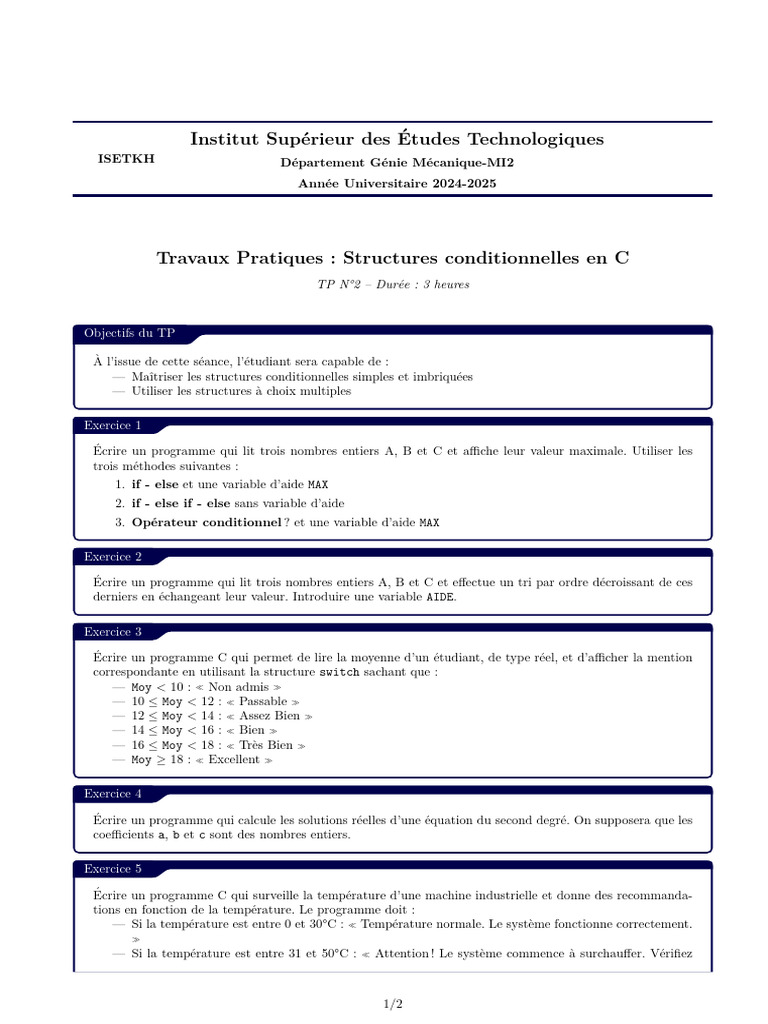 TP C : Structures Conditionnelles en C | PDF