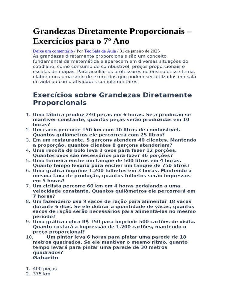 Exercícios sobre Grandezas Proporcionais | PDF