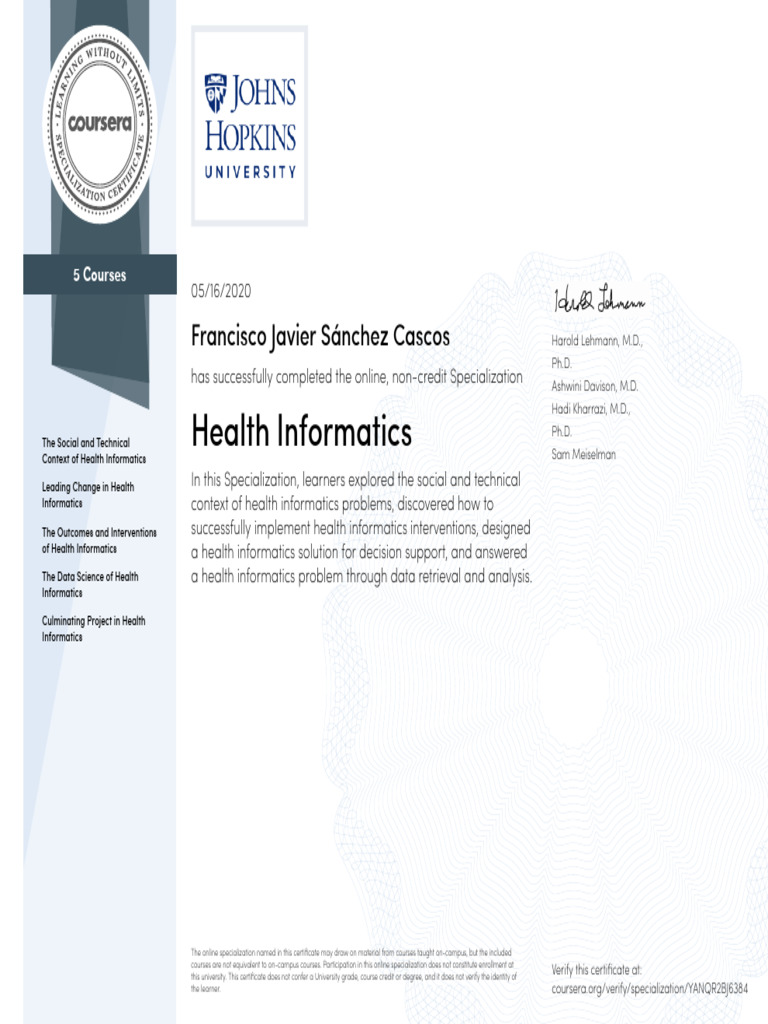 Health Informatics Specialization Certificate | PDF | Information ...