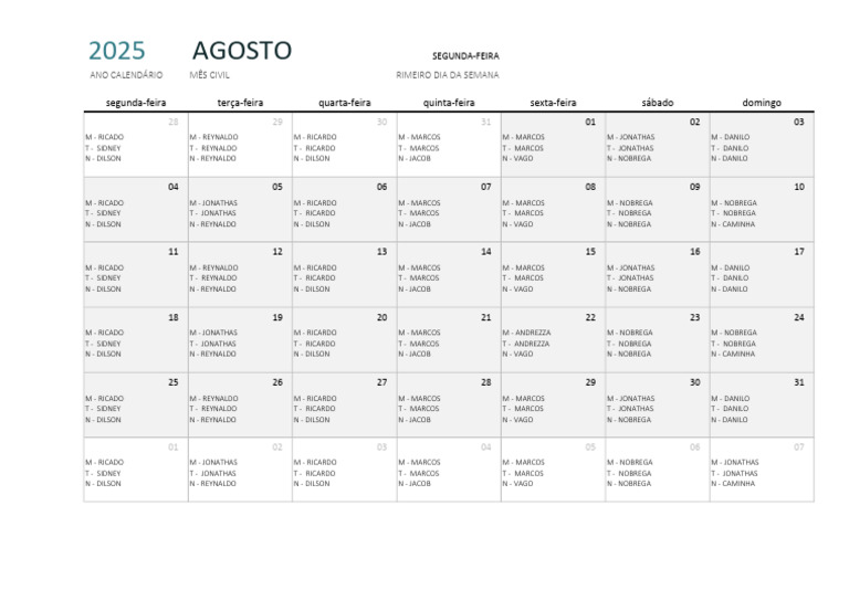 Calendário de Agosto de 2025 | PDF