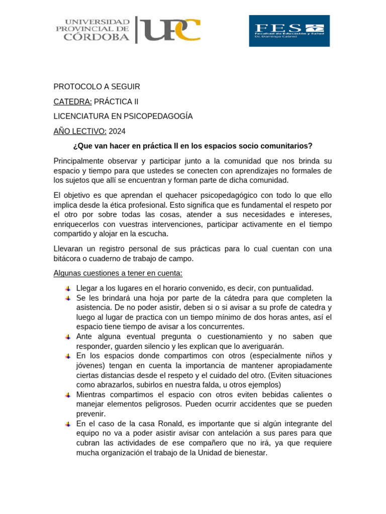 Protocolo Práctica II Psicopedagogía 2024 | PDF