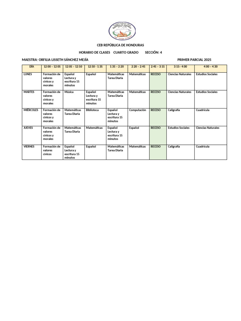 Horario Clases Cuarto Grado 2025 | PDF